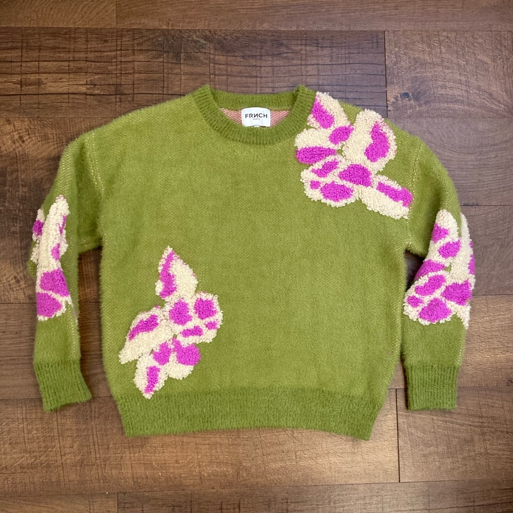 FRNCH Paris Fuzzy Floral Appliqué Sweater Moss Green Women’s XS